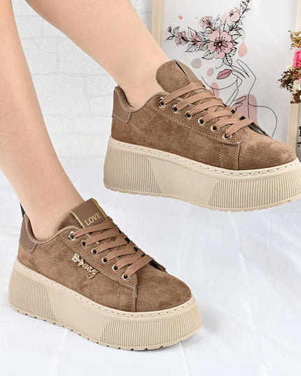 Pantofi Sport De Dama din Piele Ecologica, cu Platforma, D1449 - Maro