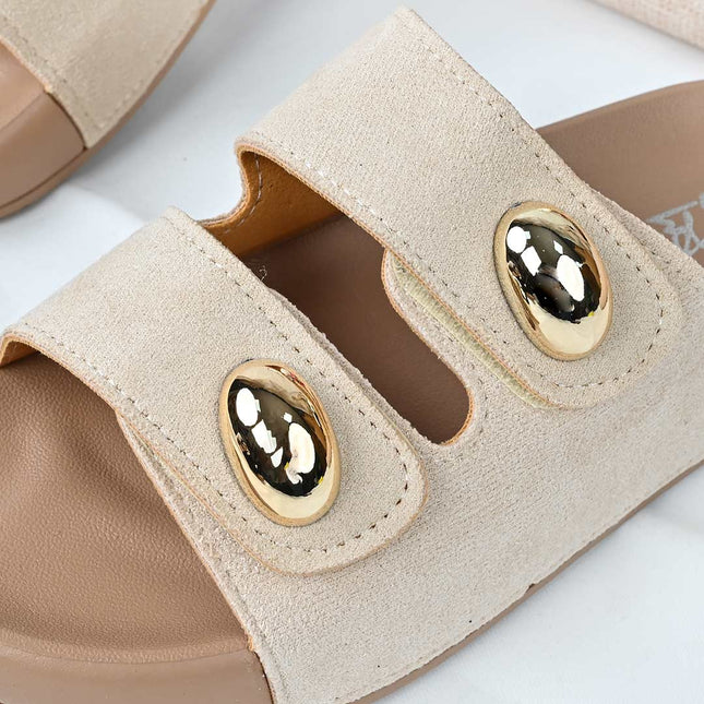 Papuci Casual De Dama din piele intoarsa ecologica, PD1092 - Bej