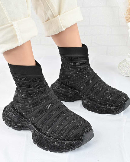 Pantofi Sport Inalti De Dama cu model sosete, D1461 - Negru