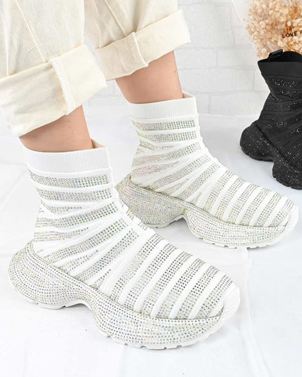Pantofi Sport Inalti De Dama cu model sosete, D1461 - Alb