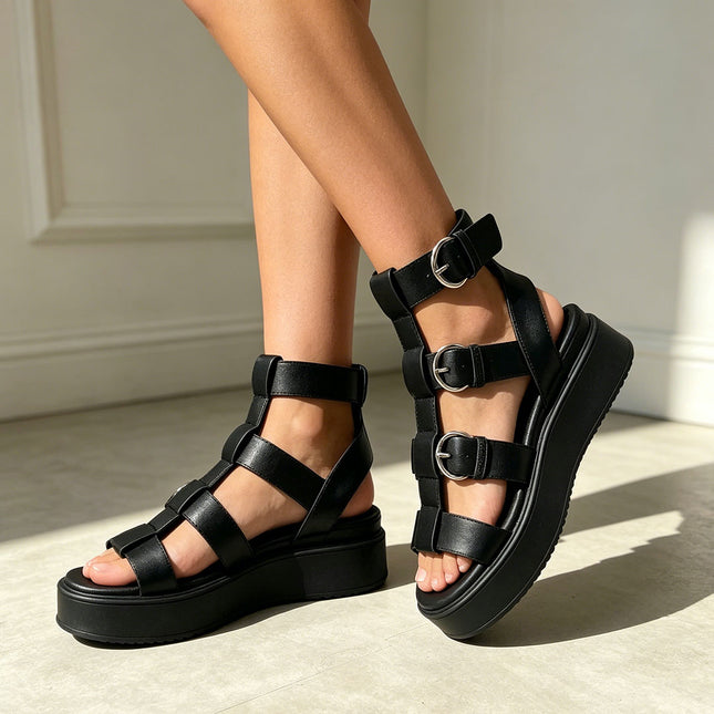 Sandale de Dama,Cu platforma,Din Piele Ecologica,SA126,Negru OEM