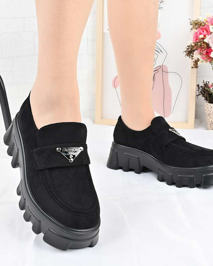 Pantofi casual de dama cu platforma, din piele ecologica intoarsa, P1303 - Negru