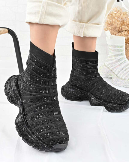 Pantofi Sport Inalti De Dama cu model sosete, D1461 - Negru