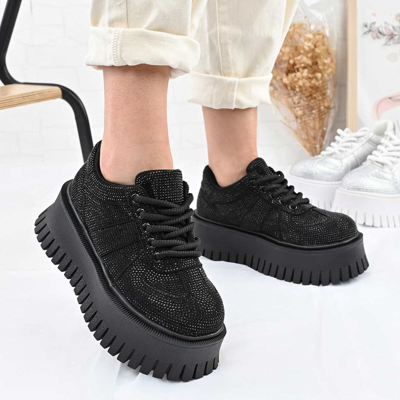 Pantofi casual de dama cu platforma, din piele ecologica, P1300 - Negru