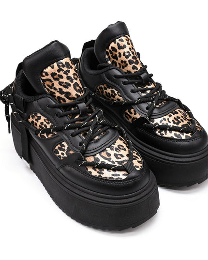 Pantofi Sport De Dama cu Platforma, din piele ecologica, D1413 - Negru cu Leopard