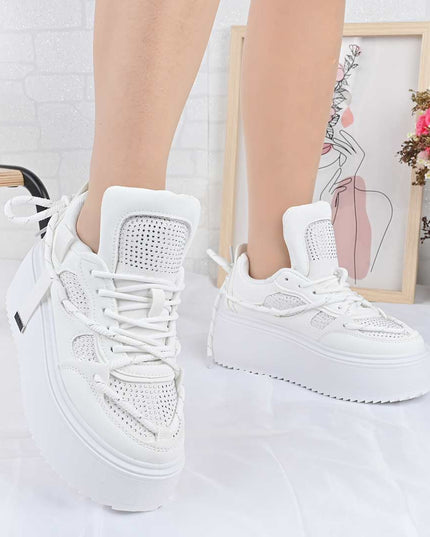 Pantofi Sport De Dama din Piele ecologica cu Strasui, D1500 - Alb