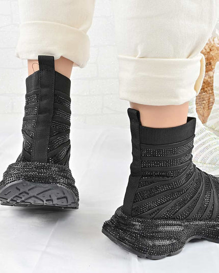 Pantofi Sport Inalti De Dama cu model sosete, D1461 - Negru