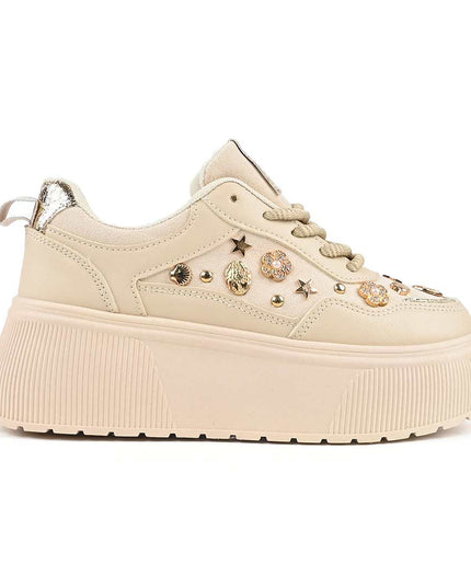 Pantofi Sport De Dama din Piele Ecologica, cu Platforma, D1496 - Bej