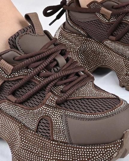 Pantofi Sport De Dama din Piele ecologica cu Strasui, D1462 - Maro