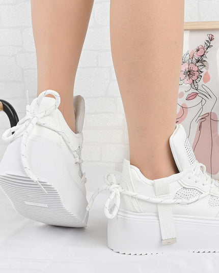 Pantofi Sport De Dama din Piele ecologica cu Strasui, D1500 - Alb