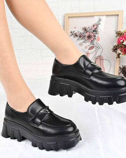 Pantofi casual de dama cu platforma, din piele ecologica, P1302 - Negru
