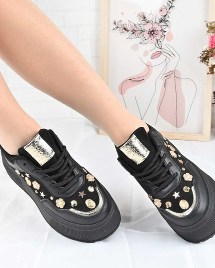 Pantofi Sport De Dama din Piele Ecologica, cu Platforma, D1496 - Negru