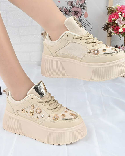 Pantofi Sport De Dama din Piele Ecologica, cu Platforma, D1496 - Bej