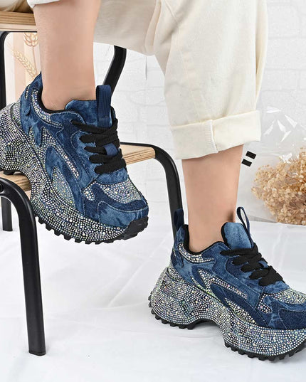 Pantofi Sport De Dama din Piele ecologica cu Strasui, D1463 - Albastru Inchis