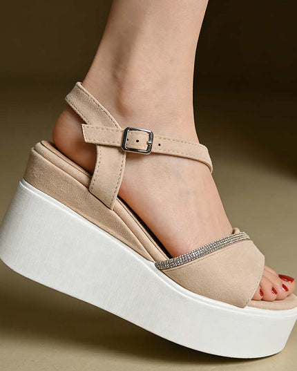 Sandale de Dama cu platforma, din Piele Ecologica, SA100 - Bej