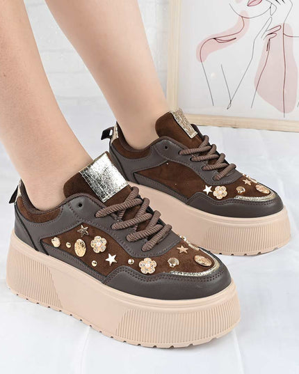 Pantofi Sport De Dama din Piele Ecologica, cu Platforma, D1496 - Maro