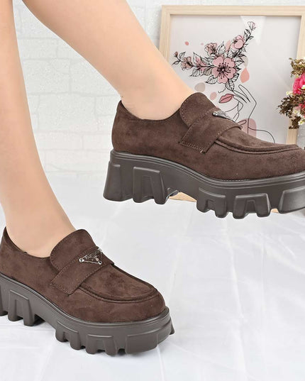 Pantofi casual de dama cu platforma, din piele ecologica intoarsa, P1303 - Maro