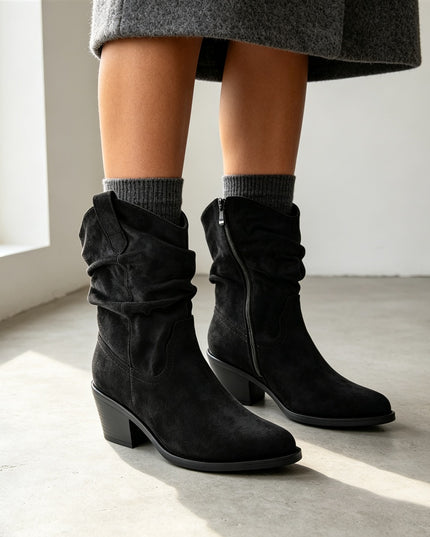 Botine de dama, din piele ecologică întoarsă, cu toc gros, BD1023,Negre