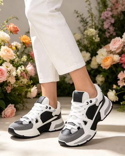Pantofi Sport De Dama cu insertii de plasa, D1388 - Alb cu Negru