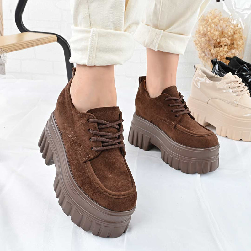Pantofi casual de dama cu platforma, din piele ecologica intoarsa, P1301 - Maro