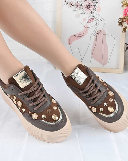 Pantofi Sport De Dama din Piele Ecologica, cu Platforma, D1496 - Maro