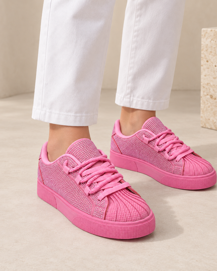 Pantofi Sport De dama,Din piele ecologica intoarsa,Cu Strasuri,D1395,Roz