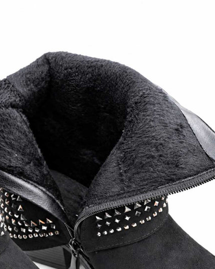 Botine de damă ,Din piele ecologică întoarsă,cu ținte și toc gros,BD1020,Negre