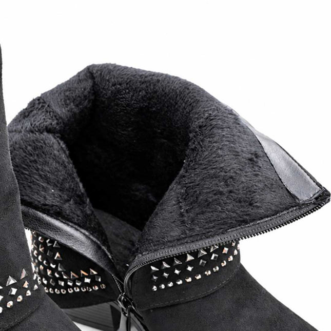 Botine de dama,Din piele ecologică întoarsă,cu ținte și toc gros,BD1020,Negre