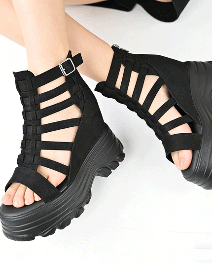 Sandale de dama cu platforma, din Piele Ecologica Intoarsa, SA11 - Negru