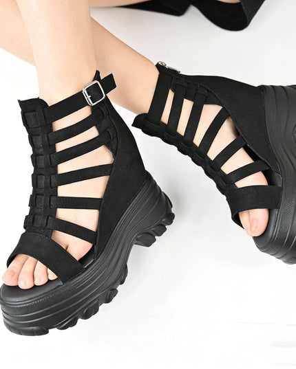 Sandale de dama cu platforma, din Piele Ecologica Intoarsa, SA11 - Negru