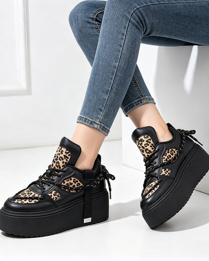 Pantofi Sport De Dama cu Platforma, din piele ecologica, D1413 - Negru cu Leopard