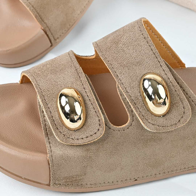 Papuci Casual De Dama din piele intoarsa ecologica, PD1092 - Kaki