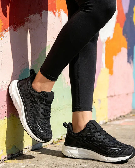 Pantofi sport de dama 0145, usori, din material textil - Negru cu Alb