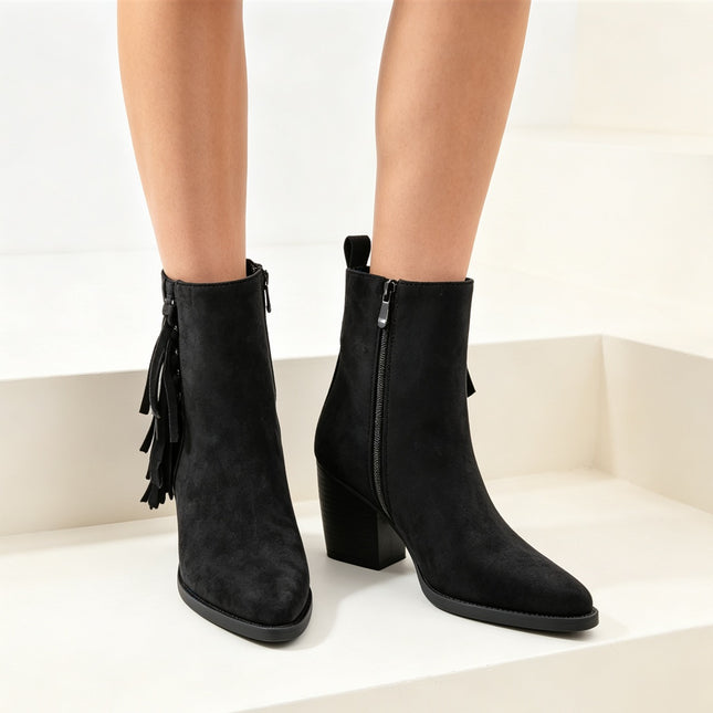 Botine de dama,Din piele ecologică întoarsă, cu franjuri și toc gros,BD1019,Negre