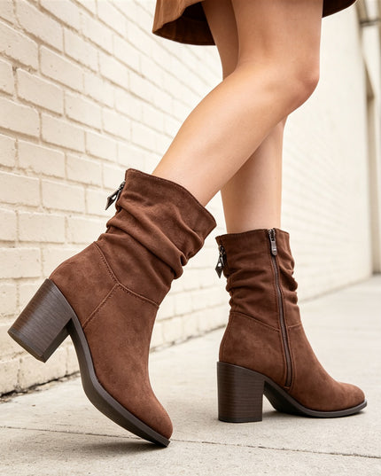 Botine de dama,din piele ecologică întoarsă, cu toc gros, BD1022,Maro