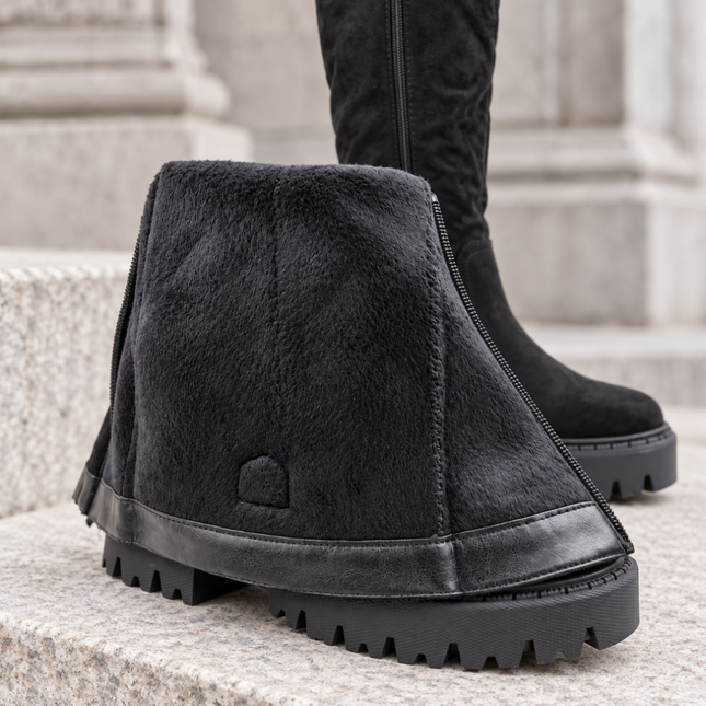 Cizme de dama, Din piele ecologică întoarsă, cu talpă groasă,CD1082,Negre