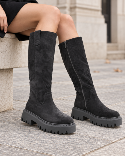 Cizme de dama, Din piele ecologică întoarsă, cu talpă groasă,CD1082,Negre