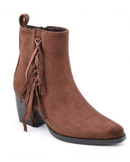 Botine de damă ,Din piele ecologică întoarsă, cu franjuri și toc gros,BD1019,Maro