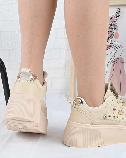 Pantofi Sport De Dama din Piele Ecologica, cu Platforma, D1496 - Bej