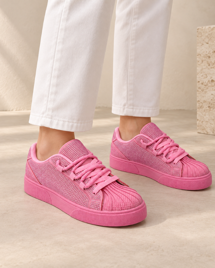Pantofi Sport De dama,Din piele ecologica intoarsa,Cu Strasuri,D1395,Roz