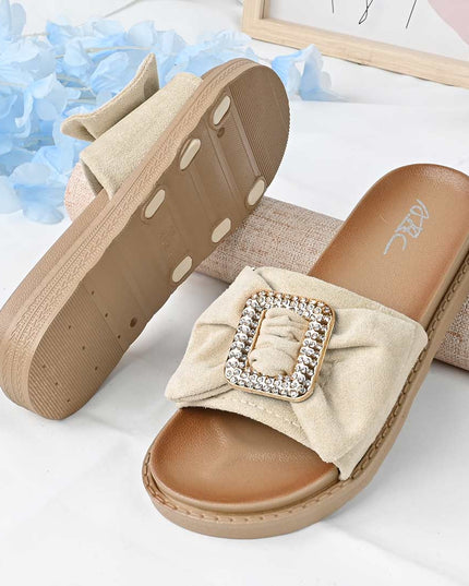 Papuci Casual De Dama din piele intoarsa ecologica, PD1091 - Bej