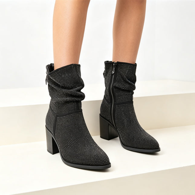 Botine de dama,cu strasuri și toc gros,BD1021,Negre