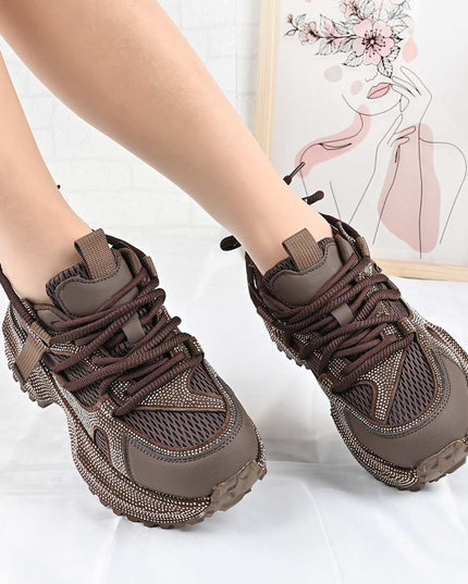 Pantofi Sport De Dama din Piele ecologica cu Strasui, D1462 - Maro