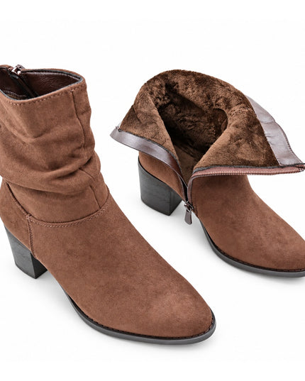 Botine de dama,din piele ecologică întoarsă, cu toc gros, BD1022,Maro
