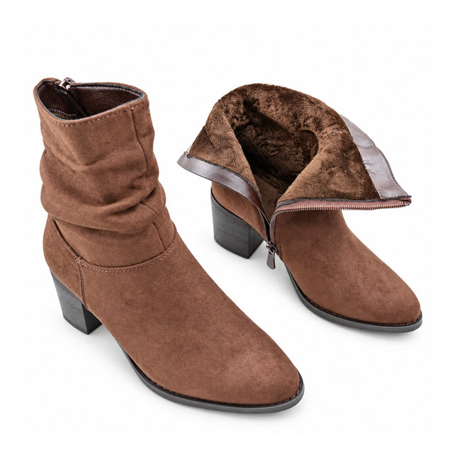 Botine de dama,din piele ecologică întoarsă, cu toc gros, BD1022,Maro