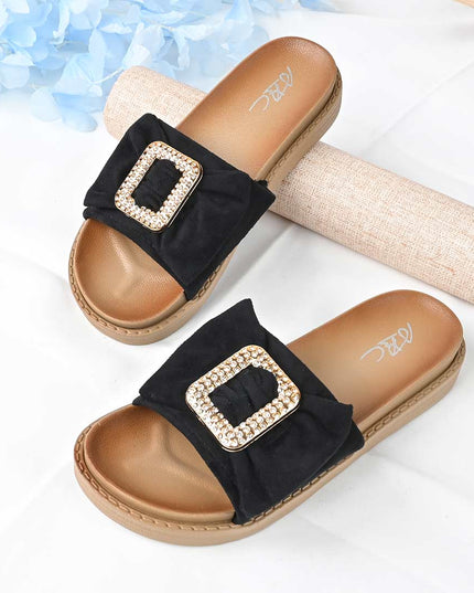 Papuci Casual De Dama din piele intoarsa ecologica, PD1091 - Negru
