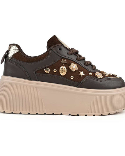Pantofi Sport De Dama din Piele Ecologica, cu Platforma, D1496 - Maro
