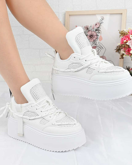 Pantofi Sport De Dama din Piele ecologica cu Strasui, D1500 - Alb