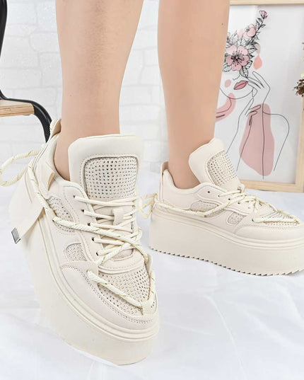 Pantofi Sport De Dama din Piele ecologica cu Strasui, D1500 - Bej