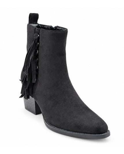 Botine de damă ,Din piele ecologică întoarsă, cu franjuri și toc gros,BD1019,Negre